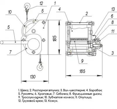 Ручная барабанная лебедка Дина-1/2 (с блоком)